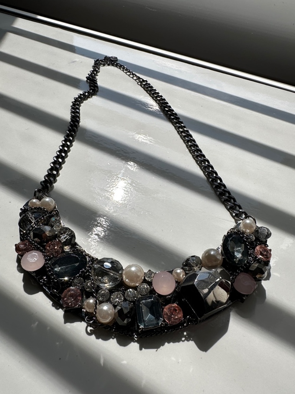 Vera Wang Black Statement Necklace with Pink and Pearl Accents